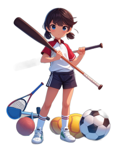 A cute girl with dark brown hair and blue eyes, wearing white shoes, a red T-shirt with black shorts, holding a baseball bat in one hand and a tennis racket in the other, surrounded by various sports equipment such as a soccer ball, basketball, and badminton racket. In the style of scifi anime, a full-body shot with a pure black background.