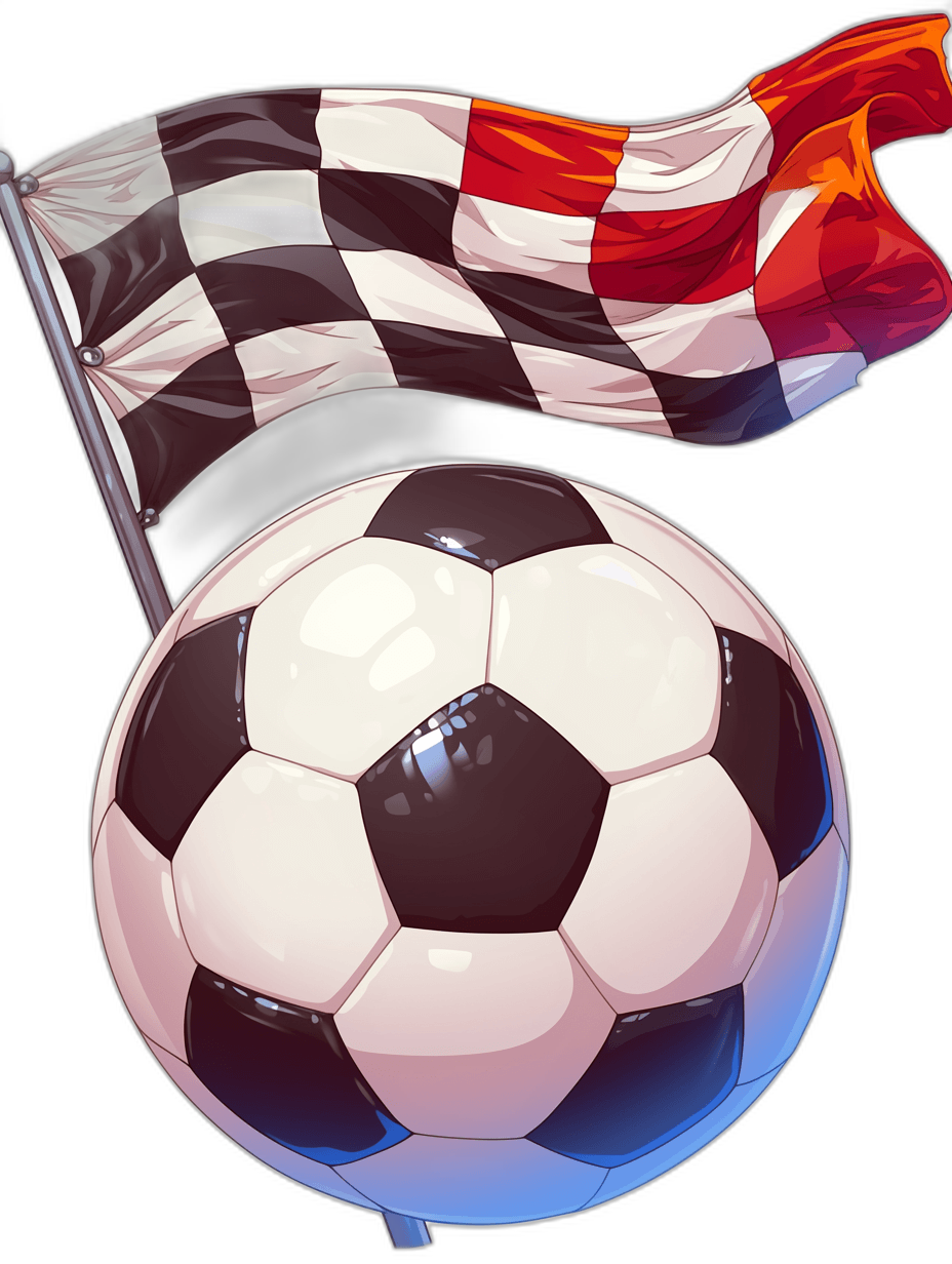 A soccer ball with a checkered flag waving in front of it, in a cartoon style, vector illustration, on a black background, resembling 2D game art, with a symmetrical composition, simple design, and bright high-saturation colors. The football is white with red stripes on its top edge. It appears to be slightly oversized next to an extreme closeup of a large rectangular piece of cloth hanging from behind. A small square patterned flag flings out behind it.