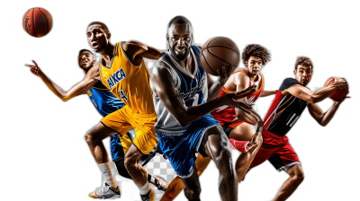 Photorealistic collage of multiple basketball players in action on a black background. The collage is created in the style of multiple artists.