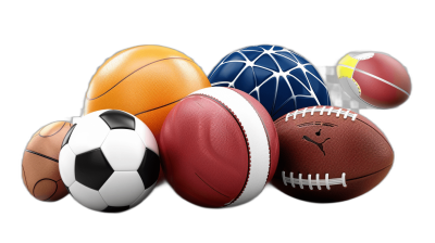 A collection of sports balls, including basketball and football, isolated on a black background with a clipping path. 3D rendered illustration in the style of various artists.