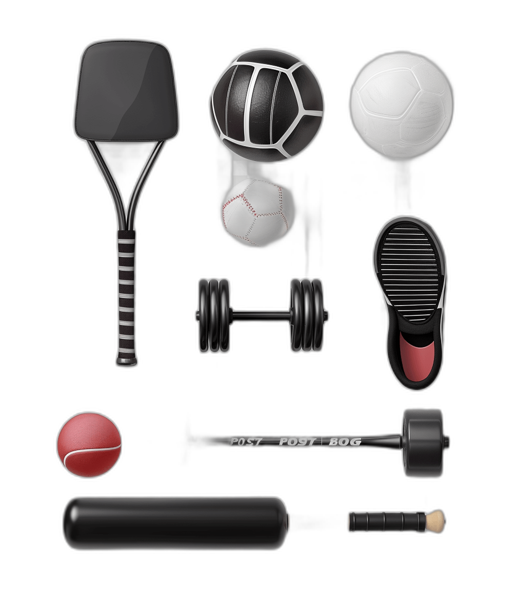 A collection of sports equipment, including dumbbells and badminton rackets, are displayed on the black background. The ball-shaped logo “post boi” appears in white letters at one end of each product. In the center of some products there is an icon that resembles half a soccer ball or volleyball. The high resolution photography shows insanely detailed, fine details of the equipment on an isolated dark clean background in the style of a stock photo.