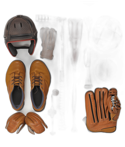 A realistic photo of an overhead view of the product design for baseball shoes, gloves and helmet. The colors should be brown leather with black background. There is no text on any part of these items. This shot will focus on one pair of sneakers, showing them in full detail. It’s set against the backdrop of various sports equipment like baseball bats, Magquarestic gloves and hat. A black background emphasizes each element's details. The lighting enhances their textures.