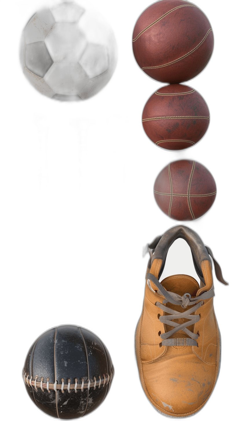 A series of sports equipment, such as footballs and basketball balls, is displayed on the left side with black background. On top right is an old shoe with worn laces, and below it is one vintage ball in brown leather color. The overall composition creates a contrast between new objects like shoes or balls against older items from different times. This visual representation emphasizes that all these elements have been used for playing various striped games.