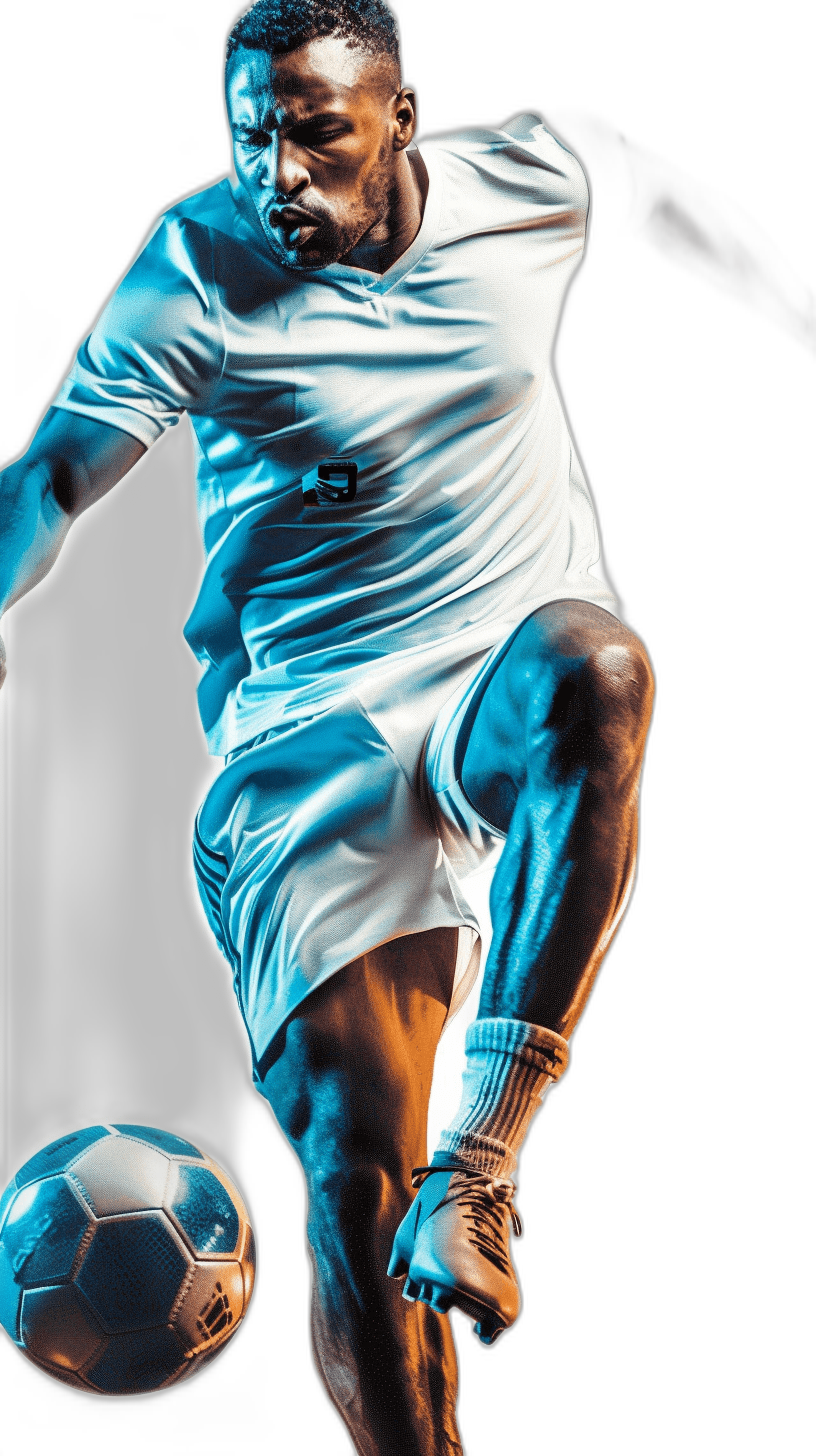 A black male soccer player in white and blue  kicking the ball, hyper realistic photo realism, full body shot, black background, dramatic lighting, high contrast, cinematic