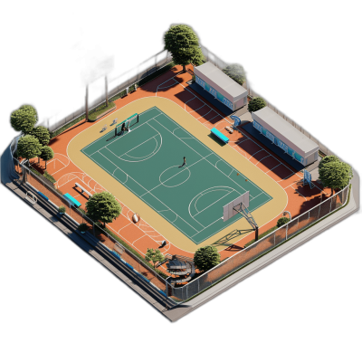 Aerial view of an outdoor basketball court with green, white and orange paint on the ground, surrounded by fence walls, blue benches for seating, gray buildings containing restrooms and storage rooms, trees around providing shading from direct sunlight, a clear black background without any shadows or reflections, a game asset ready style in isometric art, designed in the style of being rendered using Unreal Engine. The design should have a clean aesthetic with no cluttered elements.