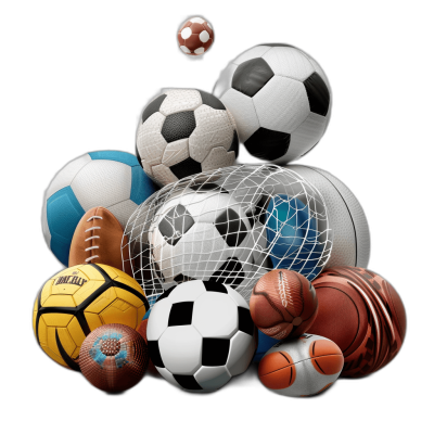 3D rendering of various sports balls and items floating in the air on a black background. The elements include one soccer ball, two basketballs, three footballs, one volleyball, netting, a globe, a trophy, etc. This design can be used for sport or event promotion in the style of different artists.