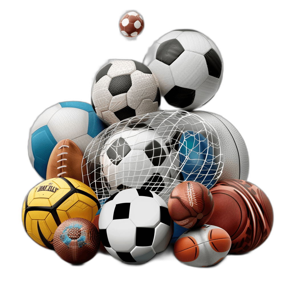 3D rendering of various sports balls and items floating in the air on a black background. The elements include one soccer ball, two basketballs, three footballs, one volleyball, netting, a globe, a trophy, etc. This design can be used for sport or event promotion in the style of different artists.