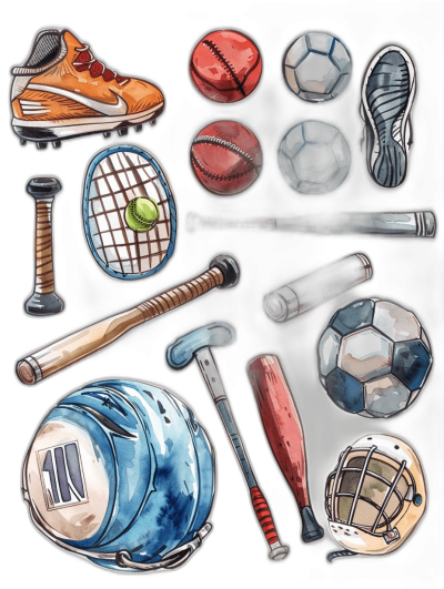 A watercolor vector illustration of sports equipment, sticker design on a black background, sports ball and bat elements, detailed shading in the style of artist [Alex Prager](https://goo.gl/search?artist%20Alex%20Prager), handdrawn texture, sports themed artwork, sports theme sticker set, clipart with a simple white outline.