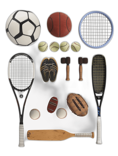 An array of sports equipment including tennis rackets, basketballs, hockey sticks, baseball bats and footballs on a black background. The arrangement should be symmetrical with each item placed at the center or close to it. Ensure that all items have detailed textures and shading on their surfaces.