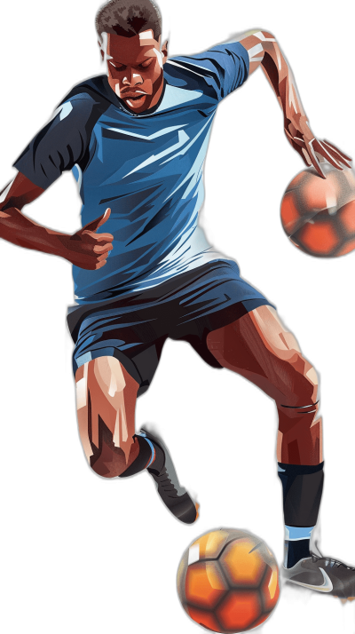 Illustration of a black male soccer player in a blue jersey dribbling a ball in the style of vector art on a black background.