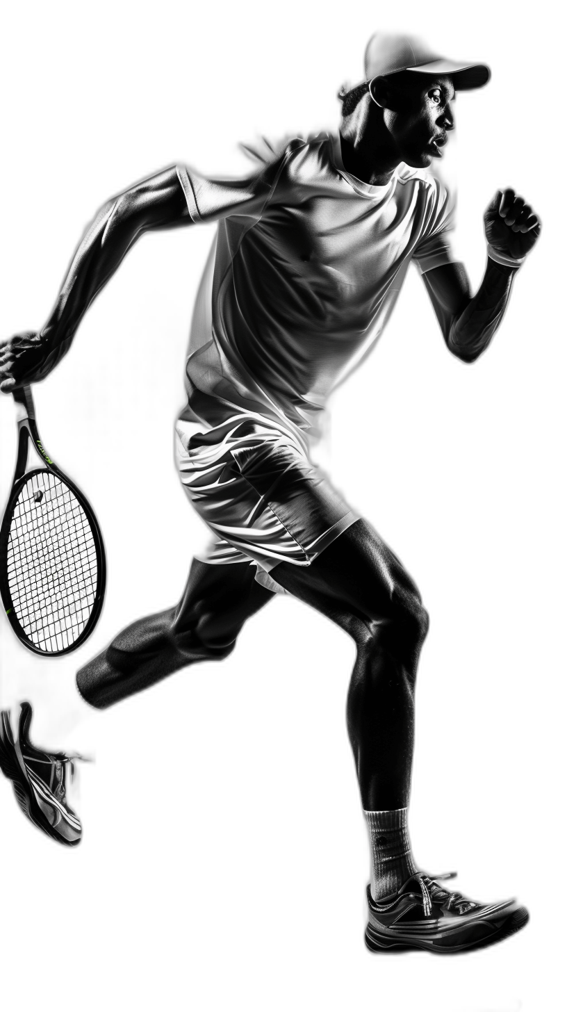 High contrast illustration of an athletic tennis player in action, full body, wearing cap and tshirt, holding racket, running with motion blur on black background, detailed texture, realistic style, high resolution, high quality, high detail, sharp focus, digital art techniques, digital drawing software for intricate illustrations, metallic ink print, shiny chrome, metallic silver,