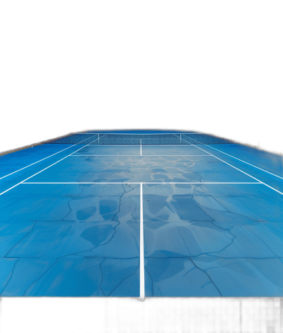 A blue tennis court with a black background in a perspective view with perfect lighting, in the style of hyper realistic and high definition cinematography, no blur effect, ultra detailed, in the style of hyperrealistic, a full body shot with a wide angle view from above in a frontal closeup shot, camera raw.