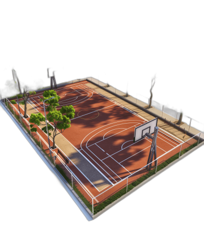 A basketball court with net and floor, 3D rendering, black background, aerial view, square layout. The ground is covered in red bricks, surrounded by green trees on the edges of each side. There's an orange mat at one end of every line to mark basket roloing tracks. It has white railings around it. On both sides there are gray metal fences surrounding them, and they have a simple design that can be used for game match highlights. Ultra high definition, high resolution.