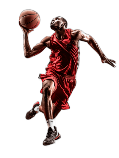 An impactful visual of a basketball player in a red jersey, jumping to dunk the ball on a black background. Capture his dynamic movement and energy with high contrast lighting for detailed textures. Highlight his athletic form, emphasizing muscles and posture, while conveying motion. Ensure the overall composition is visually striking and suitable for professional use, in the style of a realistic sports illustration.