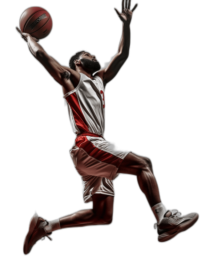 A full body photo of an African American basketball player in a red and white uniform jumping to dunk the ball, isolated on a black background, in the style of a photorealistic artist, with studio lighting, rendered in a hyper realistic style.