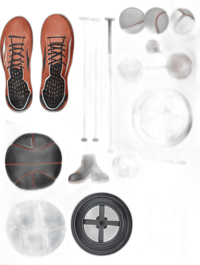 A black background with sports equipment and shoes in the center, rendered in high resolution. It includes items such as basketballs, football?" A wheel for volleyball or soccer balls, a bat or baseball for sports, all rendered in high definition. The colors of each item are dark brown to grey tones.