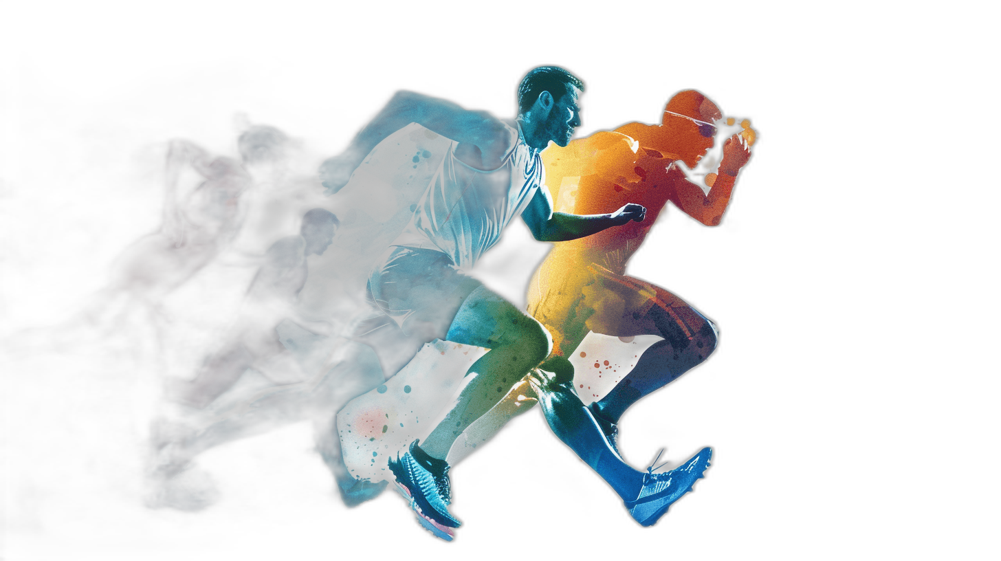 abstract illustration of sportsmen running, multiple exposures, black background, vivid color palette, in the style of watercolor, high resolution