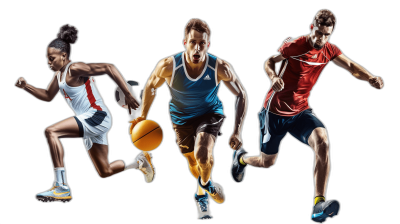 3 sports men and women in action poses, one playing basketball and the other two running on a black background. The piece depicts the athletes in their sport in the style of realistic illustrations.