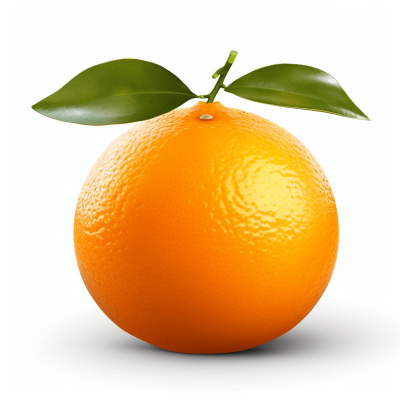 A realistic orange with leaf, clipart style isolated on white background, no shadow, highly detailed and realisitic, no text or logo, high resolution