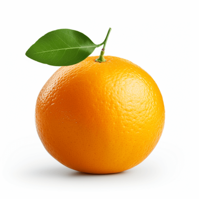 A vibrant orange with its leaves, isolated on a white background. The orange is depicted in high resolution and in full focus, showcasing the bright color of fresh oranges against a clean white backdrop. It's a perfect representation for any design that needs to convey freshness or natural beauty associated with citrus fruits like oranges. This image has no shadows and clear edges, making it suitable as an RPG game asset or digital artwork in the style of a pastel background.