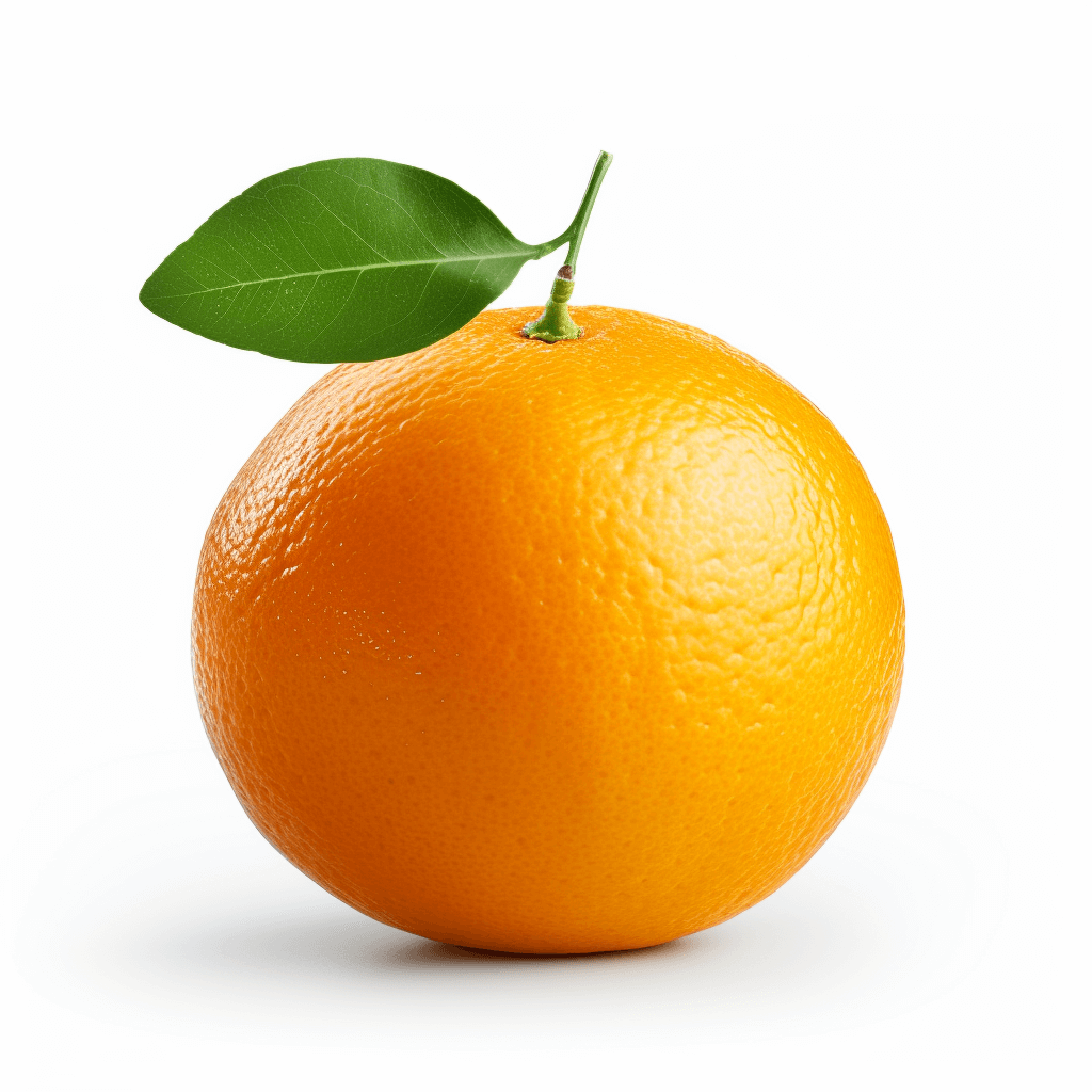 A vibrant orange with its leaves, isolated on a white background. The orange is depicted in high resolution and in full focus, showcasing the bright color of fresh oranges against a clean white backdrop. It’s a perfect representation for any design that needs to convey freshness or natural beauty associated with citrus fruits like oranges. This image has no shadows and clear edges, making it suitable as an RPG game asset or digital artwork in the style of a pastel background.