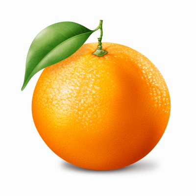 A realistic orange with a leaf on a white background, with no shadow, high resolution, high details, no shading and a thick outline in the style of an illustrator for icon design.