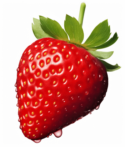 A juicy strawberry with droplets of juice, ultra realistic photography, white background, stock photo, high resolution digital, sharp and clean