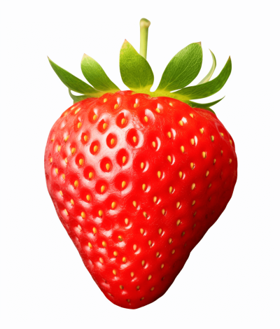 A realistic strawberry with a white background, vector illustration, no shadows on the fruit, high resolution, no shading detail, very detailed, no texturing in shadows, very sharp focus, no gradient, no light and shadow, no reflections, no transparent png mask for easy cut out, no shadowing, no low quality