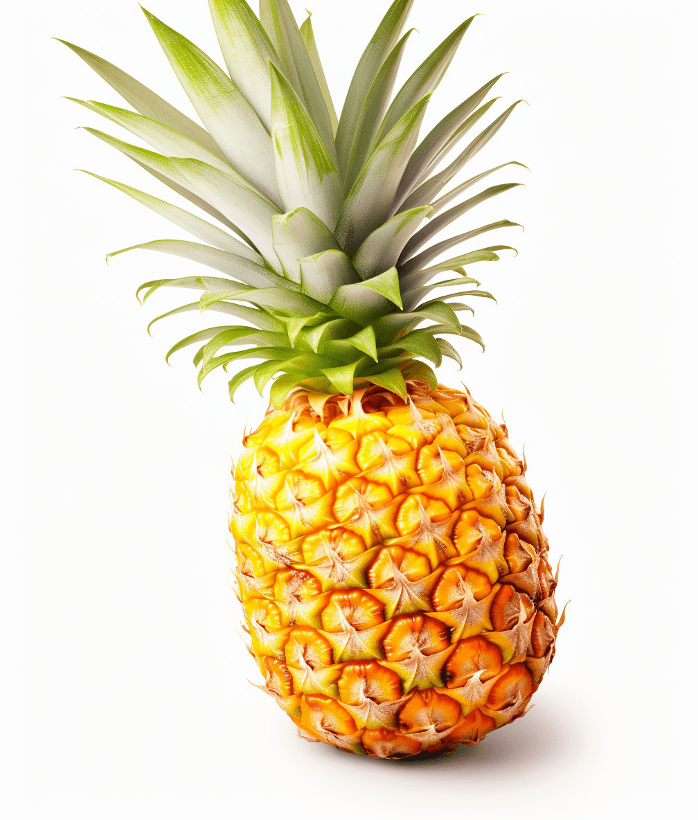 Realistic photograph of an complete fresh pineapple, solid stark white background, focused lighting