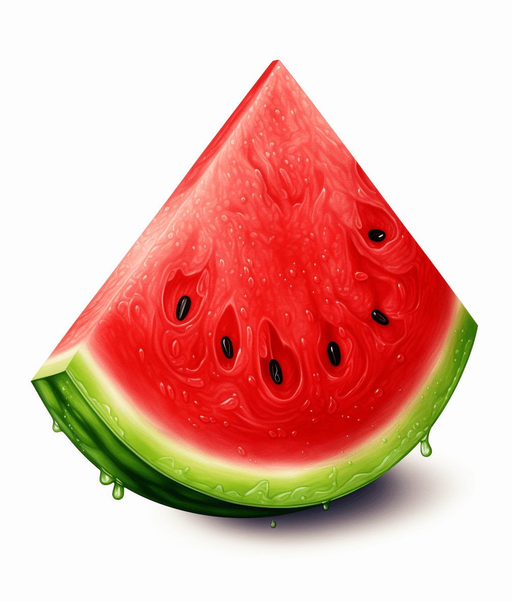 Watermelon slice icon isolated on white background, detailed vector illustration of water melon with seeds and juice dripping down the side, realistic, hyperrealistic, hyperdetailed, hyperphotorealistic, hypercrisp details, hyperbright colors, perfect composition, professional photography, professional color grading, soft shadows, no contrast, clean sharp focus, bokeh effect