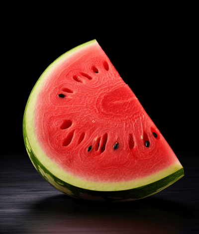 A slice of watermelon on black background, high resolution photography, high quality details, professional color grading, soft shadows, no contrast, clean sharp focus, no grainy textures, intricate detail, advertising stock photo style