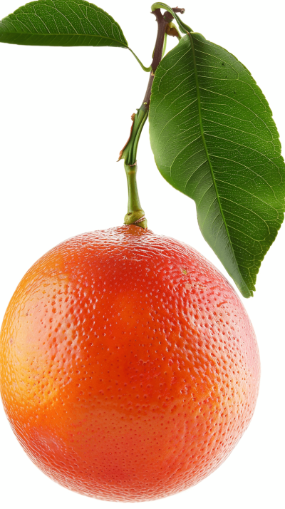 A photo of an orange with green leaves on the stem, isolated against white background. The grapefruit is fresh and vibrant, showcasing its unique shape and texture. A closeup shot captures every detail from the soft pink color to the fine textured skin. This highquality photograph highlights the natural beauty of this fruit in all it's glory.