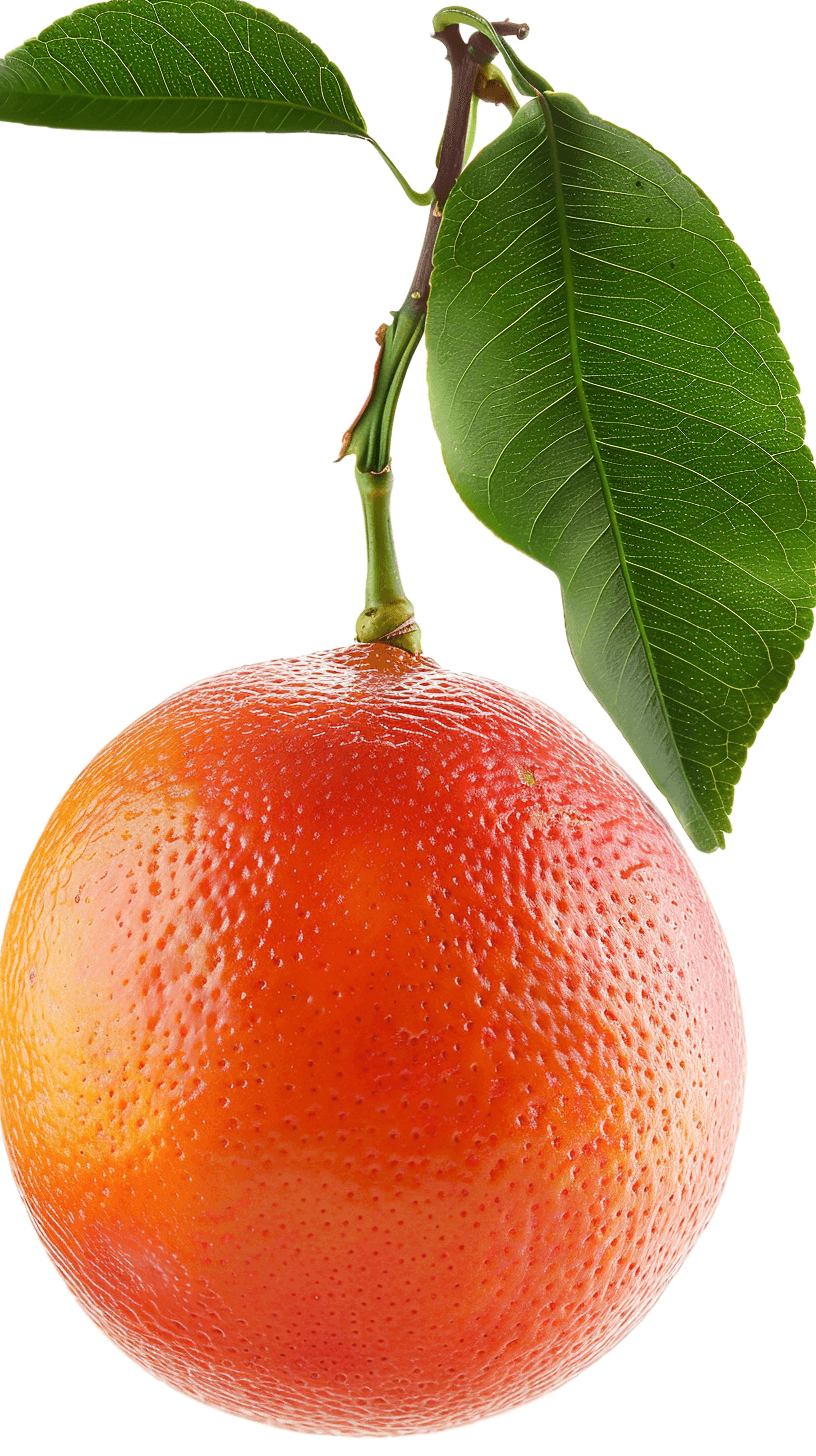 A photo of an orange with green leaves on the stem, isolated against white background. The grapefruit is fresh and vibrant, showcasing its unique shape and texture. A closeup shot captures every detail from the soft pink color to the fine textured skin. This highquality photograph highlights the natural beauty of this fruit in all it’s glory.