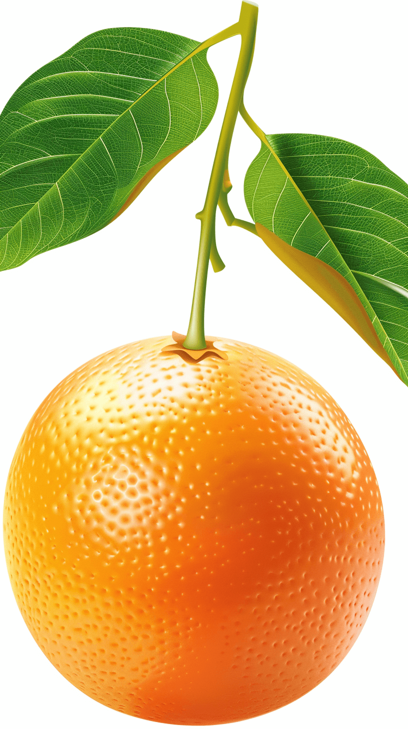 A realistic illustration of an orange with green leaves on the stem, in the vector art style, on a white background, with no shadows or gradients, at a high resolution, quality, detail and contrast, with professional color grading.