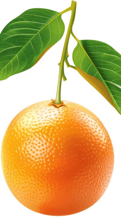 A realistic orange with green leaves on the stem, in the style of clip art, vector illustration, white background, high resolution, no shadows, high detail, no shading in the middle, high quality, high definition