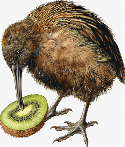 A kiwi bird eating an open half of fruit, detailed illustration in the style of [Beatrix Potter](https://goo.gl/search?artist%20Beatrix%20Potter) and [John James Audubon](https://goo.gl/search?artist%20John%20James%20Audubon), white background, clip art, high resolution, high detail