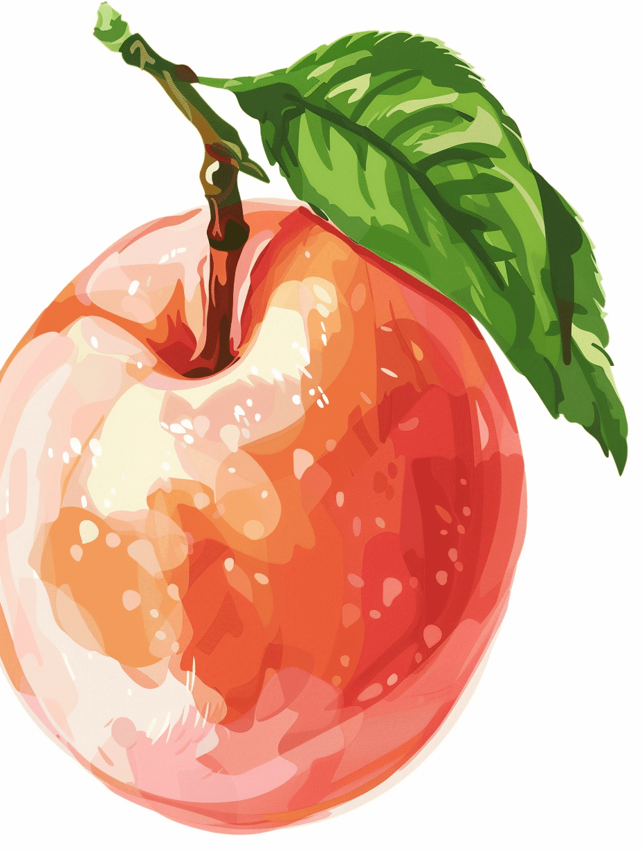 Hand drawn peach, vector illustration, white background, high resolution, with no text or letters in the picture. The whole is presented as an isolated object with a clean and flat design. A green leaf adorns one side of it. In the style of watercolor, this apple has smooth edges and subtle color transitions that give depth to its appearance. It stands out for its vibrant red tones and soft shadows, making you feel like taking some from your hand. Detailed.