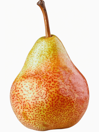 A whole pear, a realistic photo of the fruit in high definition, with no background and no shadows. The red, pink, and yellow color is bright, and it has many small dots on its skin. A real scene, a closeup shot from an angle. It's very fresh and plump with a clean white background at high resolution.