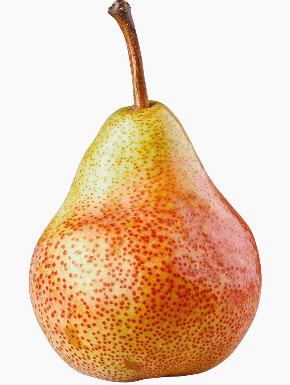 A whole pear, a realistic photo of the fruit in high definition, with no background and no shadows. The red, pink, and yellow color is bright, and it has many small dots on its skin. A real scene, a closeup shot from an angle. It’s very fresh and plump with a clean white background at high resolution.