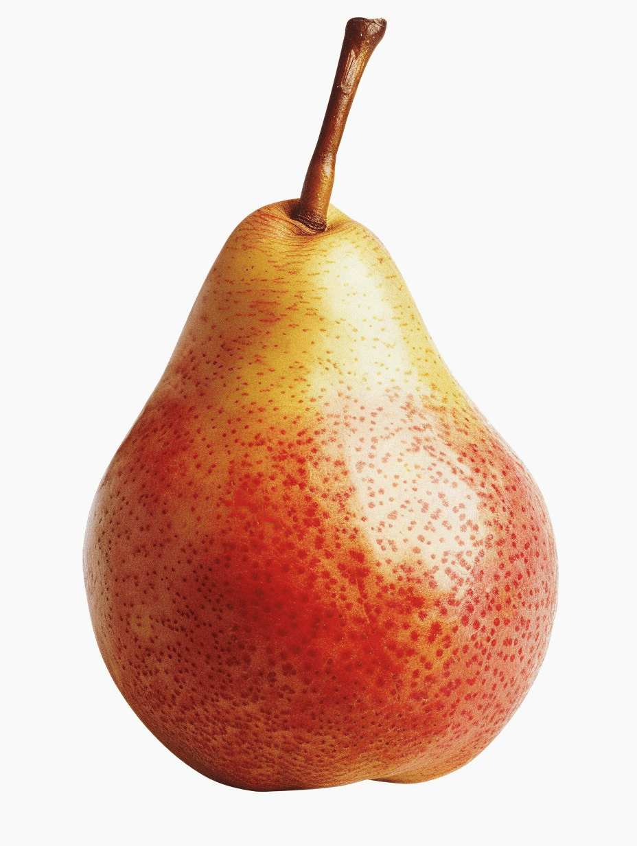 A realistic advertising photograph of a pear with no shadow, isolated on a white background, with high resolution photography, insanely detailed and intricate, hyperrealistic details, isolated object, in the style of hyperrealistic details.