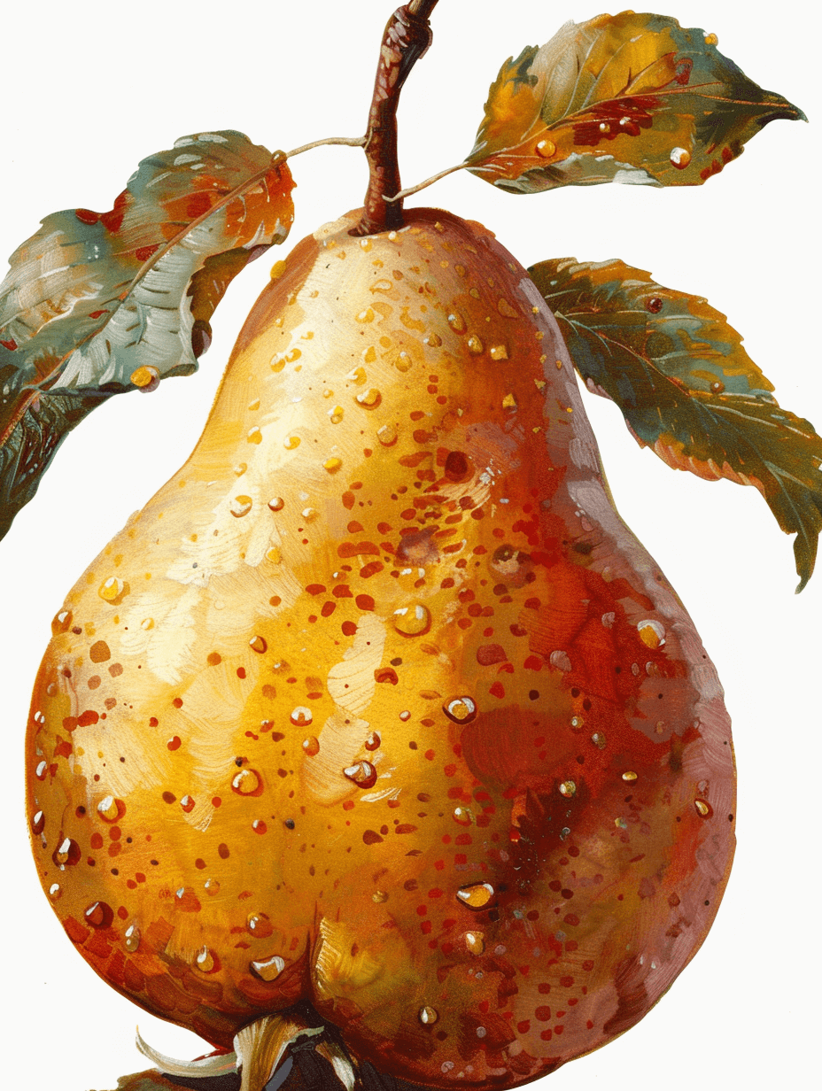 A realistic oil painting of an oversized, golden pear with delicate green leaves and water droplets on its surface. The painting uses focus stacking and is in the style of the best photographer in America. It features a detailed character design with a white background and 2D style.