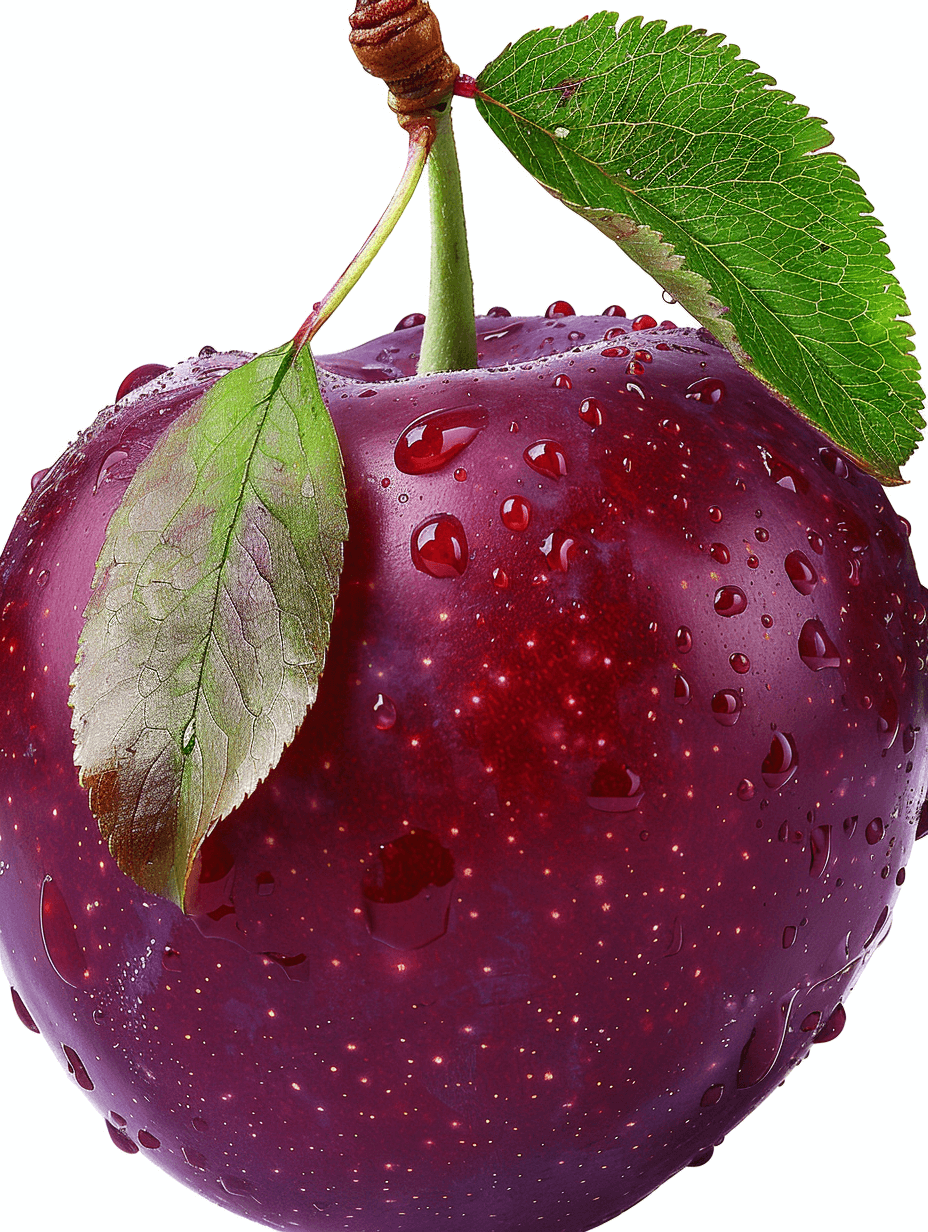 A fresh and juicy purple plum with water droplets on it, a green leaf attached to the top of its stem, isolated white background, photorealistic, high resolution photography, insanely detailed, intricate details, sharp focus, ultra detailed, professional color grading, no contrast, clean sharp focus, soft shadows, no highlight effects, natural look, in the style of a professional photographer.