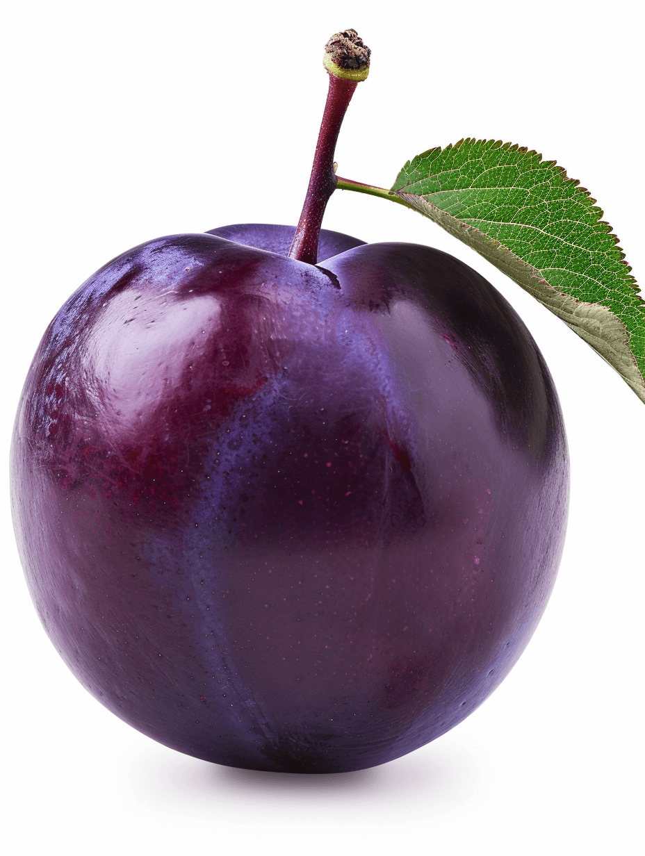 One purple plum with a leaf on a white background. Isolated on a pastel studio shot, high resolution photo, isolated on the left side of the picture, in the style of Plum.