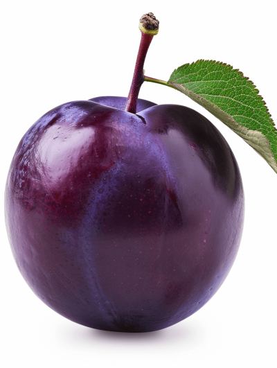 A realistic photo of an entire fresh purple plum, with leaves and stem still attached, isolated on white background, high resolution photography, insanely detailed, wide angle shot, stock photo quality