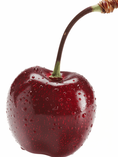 A cherry with water droplets on it, white background, closeup, high resolution, professional photograph, very detailed photo, studio lighting, very sharp focus