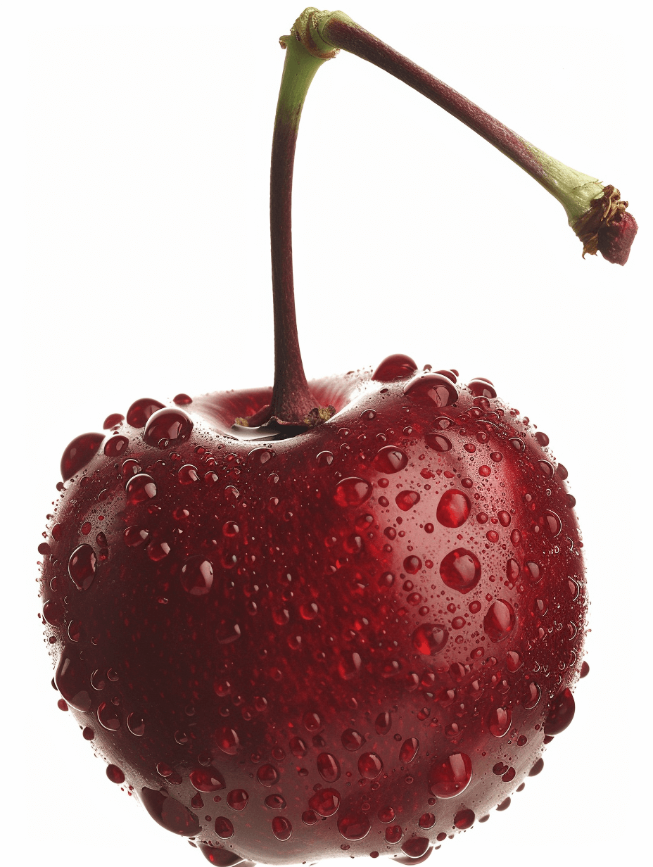 A cherry with water droplets on it against a white background, photographed in a studio in the style of a food magazine cover shoot. The photography is of high resolution and insanely detailed, showing an intricate and hyper realistic isolated cherry. The image was shot using a Canon EF 50mm f/1.8 lens to achieve a yearbook quality.