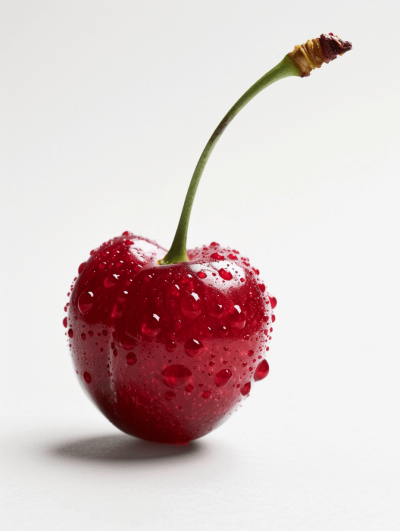 A cherry with water droplets on it, white background, studio photography, food magazine style, hyper realistic photography in the style of Canon EOS, sharp focus, high resolution.