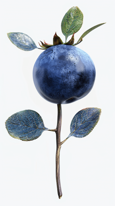 blueberry with leaf on stem, hyper realistic oil painting on a white background with a light source and color harmony, in the style of Pixar