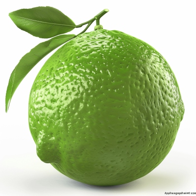 A vibrant green " seaside lime" against a white background, capturing its refreshing and bright color with detailed textures on the surface. The lemon is set in an isolated composition to highlight its unique shape and texture. Photorealistic 3D rendering highlighting every detail of both fruit's form and texture.