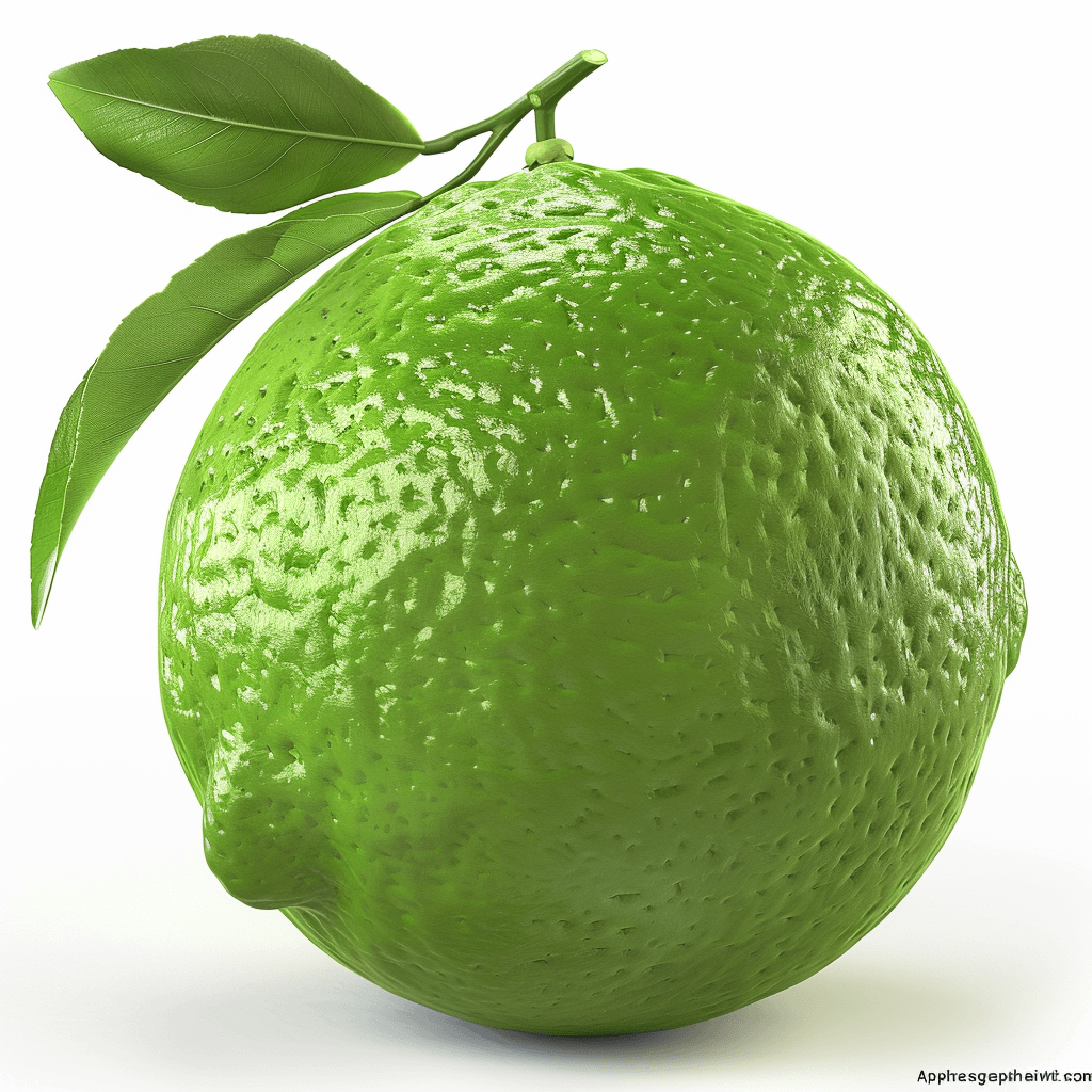 A vibrant green ” seaside lime” against a white background, capturing its refreshing and bright color with detailed textures on the surface. The lemon is set in an isolated composition to highlight its unique shape and texture. Photorealistic 3D rendering highlighting every detail of both fruit’s form and texture.